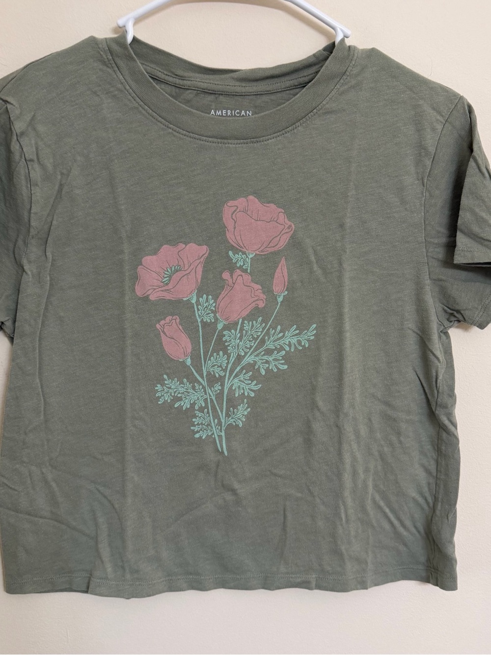 American Eagle Outfitters Olive Green Tee with Pink Floral Graphic